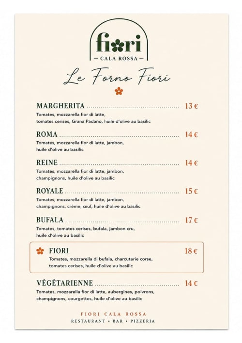 Menu della pizzeria Fiori Cala Rossa con le pizze Le Forno Fiori a prezzi da 13-18€ a Lecci
