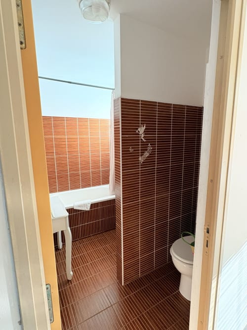 Salle de bain moderne avec carrelage imitation bois foncé, douche à l'italienne carrelée marron, toilettes blanches et plafonnier à l'Hôtel le