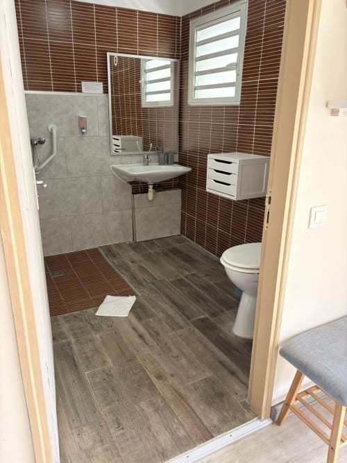 Salle de bain accessible moderne avec douche accessible, lavabo mural, toilettes et revêtement imitation bois à l'Hôtel le soleil