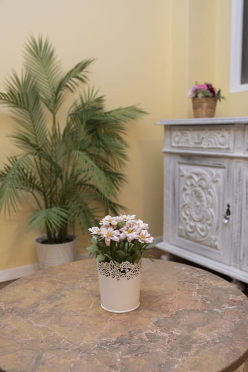 Margaridas rosas em vaso decorativo sobre mesa de mármore no RH Charming Apartments Braga, com planta de palmeira e gabinete ornamentado