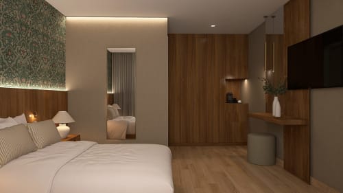 Quarto moderno na Feel Sintra B&B em Sintra com acabamentos em madeira, cama, TV e área de estar