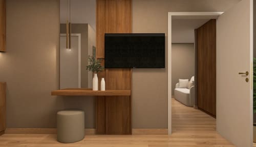 Quarto moderno no Feel Sintra B&B com acabamentos em madeira, TV na parede e área de estar em Sintra, Portugal