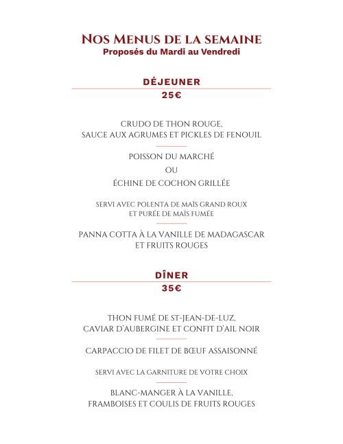 Menu hebdomadaire de l'Hôtel & Restaurant Des Basses Pyrénées à Bayonne proposant menus midi et soir de cuisine française