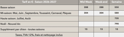 Tableau tarifaire Aux 4 Chalets Corbion Bouillon 2026-2027 en euros