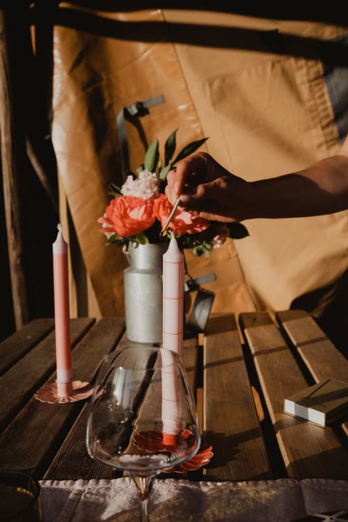 Personne arrangeant des fleurs de corail dans un vase blanc à la table des Gîtes de Cormenin