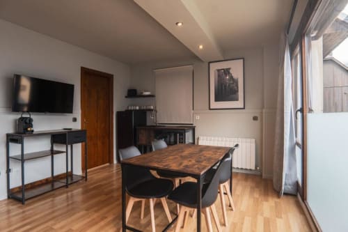 Modern studio apartment at La Borda del Gato Rafa in Vielha with dining table, desk, TV, and kitchenette