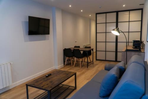 Modern studio apartment at La Borda del Gato Rafa in Vielha with blue sofa, dining area, and TV