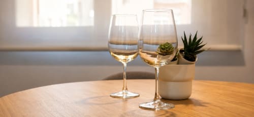 Dos copas de vino blanco y suculentas en maceta sobre mesa de madera en apartamento de Murcia