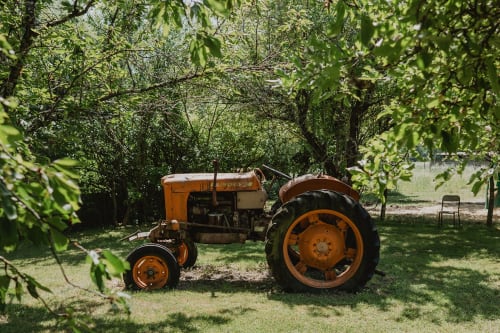 Tracteur orange vintage garé dans le jardin verdoyant des gîtes de Cormenin, Saint-Hilaire-sur-Puiseaux