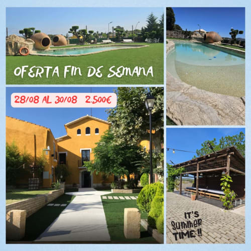 Oferta de verano Masías Can Trabal: piscina, edificio amarillo, terraza en Olerdola