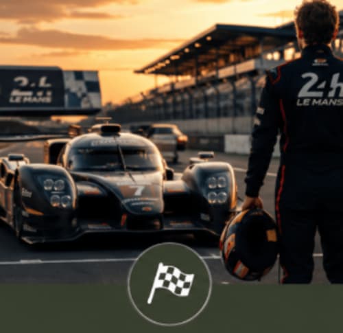 Écurie de course au circuit des 24 Heures du Mans avec voitures de sport au coucher de soleil, Courdemanche