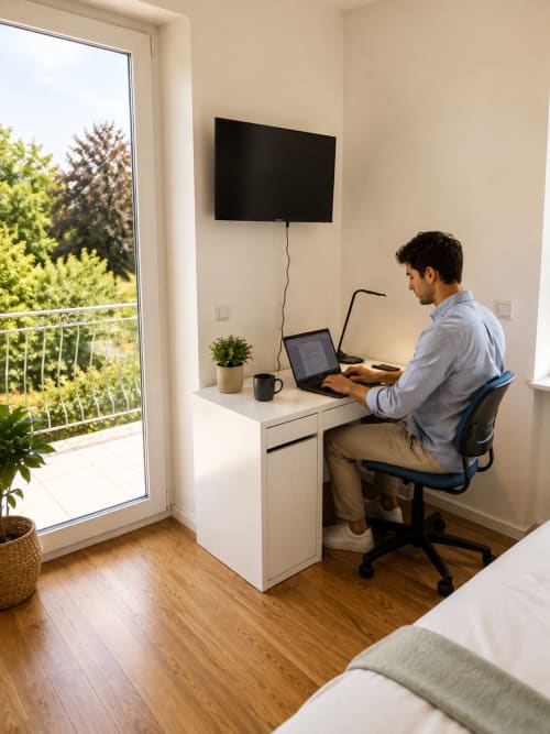Homme travaillant à son bureau avec un ordinateur portable dans la chambre de la Villa55 Mattbnb à Metz, avec TV et vue sur balcon