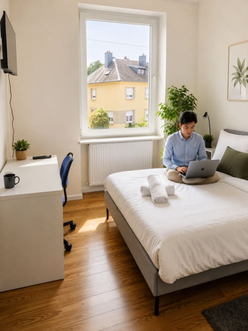 Jeune homme travaillant sur son ordinateur portable dans une chambre d'hôtel lumineuse à Metz avec vue sur la ville, bureau et équipements modernes