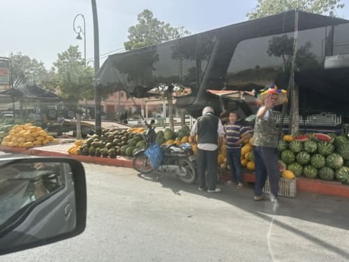 Marché de fruits et légumes en plein air à Essaouira avec étal de producteur et présentations de melons, pastèques et produits frais