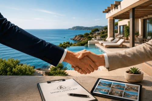 Two professionals shaking hands at luxury villa in Olbia with Mediterranean sea view and pool