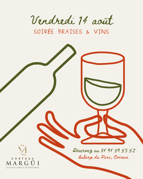 Affiche d'événement vin et amuse-gueules au Château Marguï, Auberge du Parc à Correns, 14 août