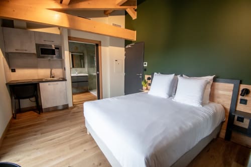 Modern studio apartment at Lieu-dit Boulage with queen bed, kitchenette, and green accent wall in Marquefave, France