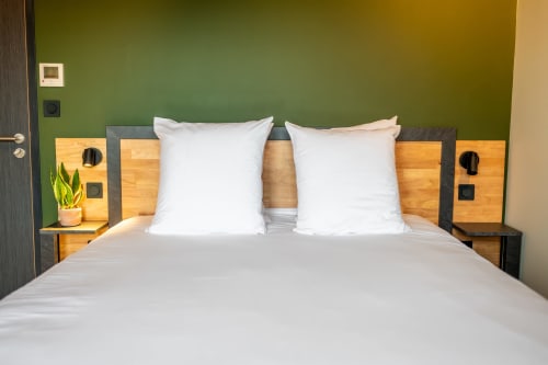Modern studio bedroom at Lieu-dit Boulage with white pillows, olive green walls, wooden headboard, and potted plant