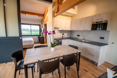 Modern hotel apartment in Marquefave with open-plan kitchen, dining area, and bedroom with balcony view