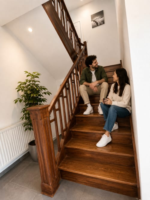 Couple assis sur l'escalier en bois d'une villa moderne à Metz, murs blancs et plante en pot visibles