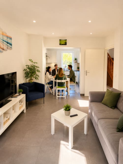 Salon moderne de la villa Mattbnb à Metz avec canapé gris, salle à manger et accès à la cuisine