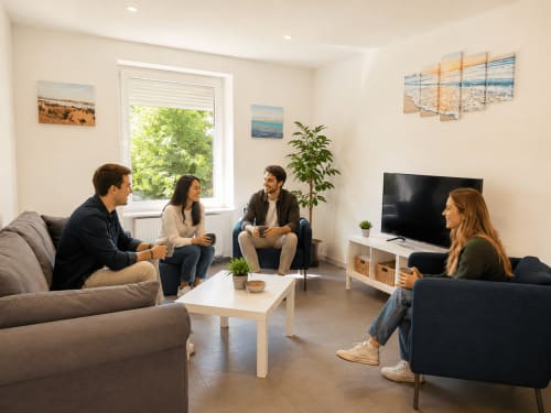 Quatre invités discutent dans le salon de la villa Mattbnb à Metz, équipé d'une télévision, de sièges confortables et d'une décoration moderne