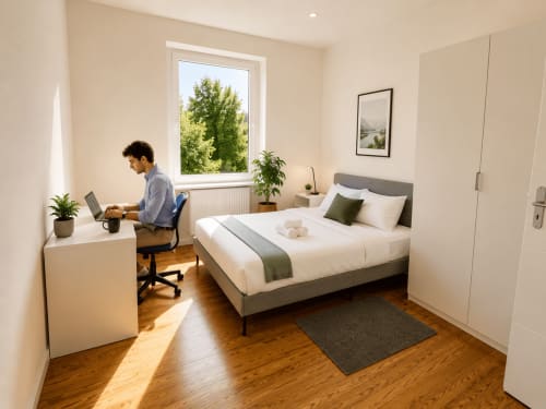 Chambre moderne chez Mattbnb Metz avec bureau, lit queen-size et vue sur la ville par grandes fenêtres