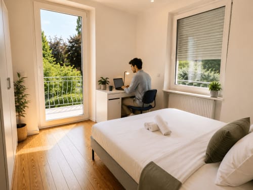 Chambre moderne à la Villa 55 Mattbnb à Metz avec lit, bureau, balcon et lumière naturelle