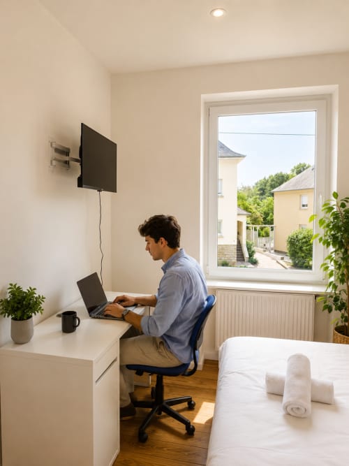 Homme travaillant à son bureau avec un ordinateur portable dans une chambre de villa à Metz, télévision murale, vue sur la ville