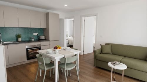 Modernes Apartment mit offener Grundrissgestaltung in Morro Jable, ausgestattete Küche, Essbereich und Wohnzimmer mit Meerblick