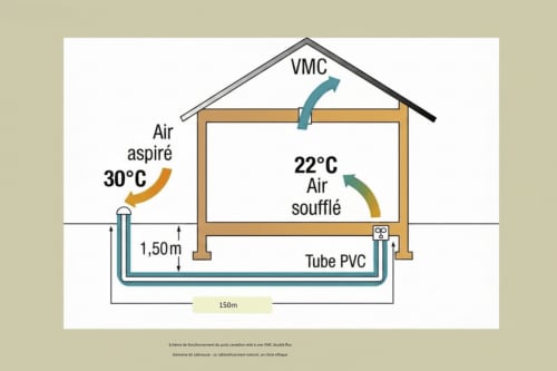 Schéma du système de ventilation naturelle au Domaine de Labrousse en Périgord avec VMC double flux et puit canadien