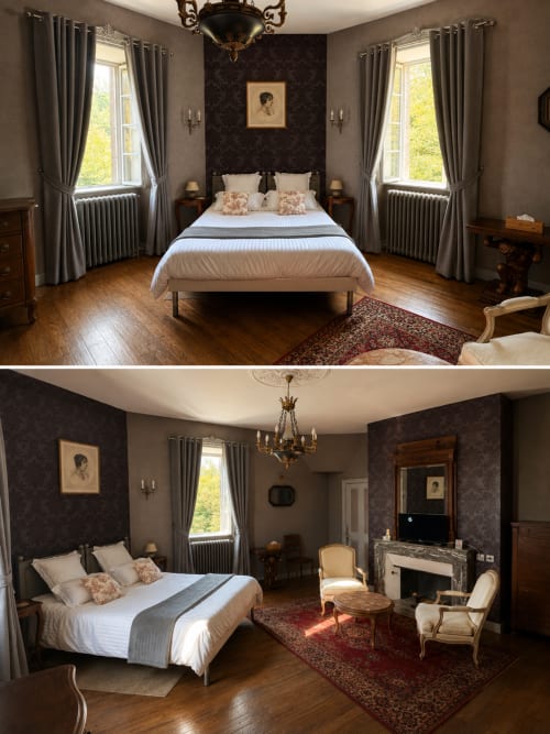 Chambre double du Château de Montbrault avec vue sur le jardin, mobilier élégant, cheminée et décoration d'époque