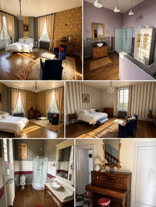 Château De Montbrault chambre double : élégante chambre avec papier peint fleuri, parquet, lustre, salle de bains attenante