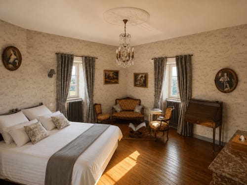 Chambre familiale élégante au Château De Montbrault avec lit queen-size, mobilier ancien, lustre et décor français classique