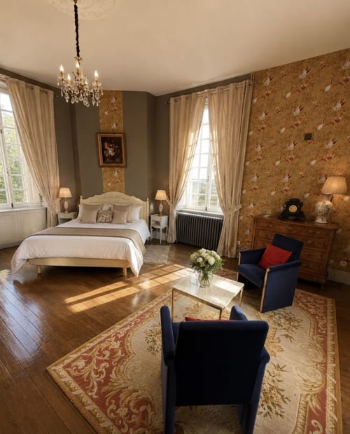 Chambre élégante du Château de Montbrault à Fleurigné avec lustre, papier peint fleuri et coin salon