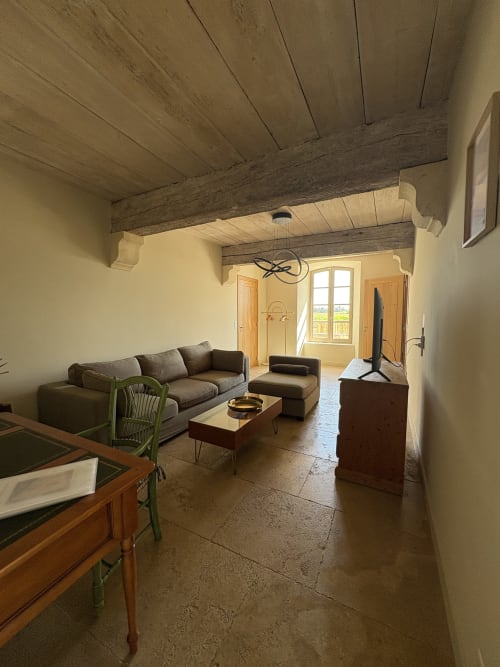 Spacieux séjour du Mas en Camargue à Arles : canapé gris, poutres apparentes, télévision et portes vitrées donnant sur la terrasse