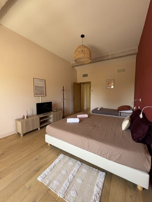 Chambre spacieuse à la Conciergerie Maurin à Arles avec lit double, TV, mobilier en bois et suspension en rotin