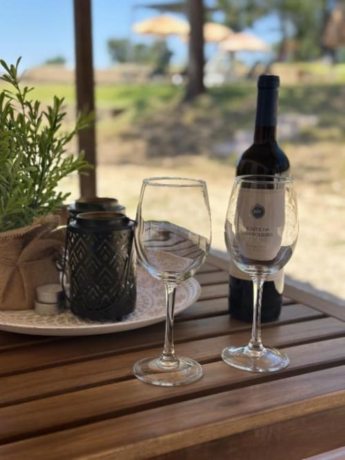 Garrafa de vinho e taças sobre mesa de madeira com vista para o campo em Monte da Tojeirinha, Montargil Portugal