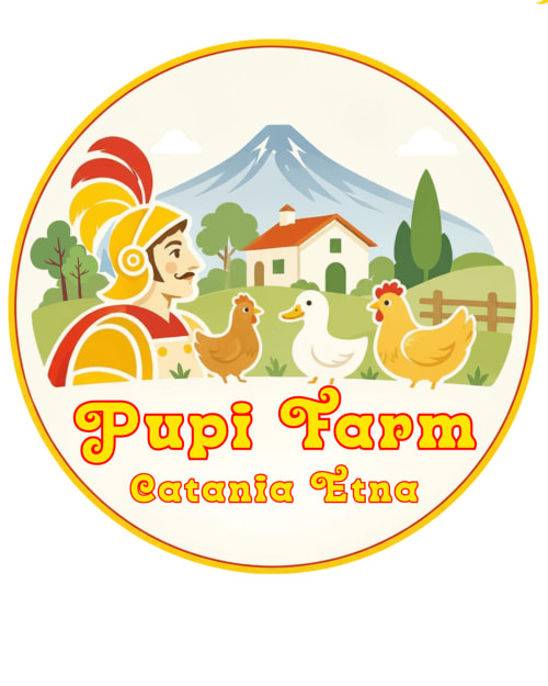 Logo di Pupi Farm B&B con donna, galline, casa colonica e l'Etna a Catania, Sicilia