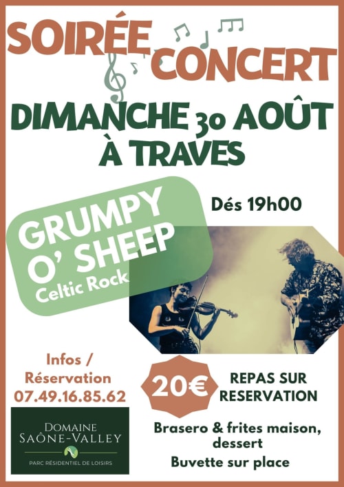 Affiche de concert de rock celtique Grumpy O'Sheep, 30 août au Domaine Saône-Valley, Traves