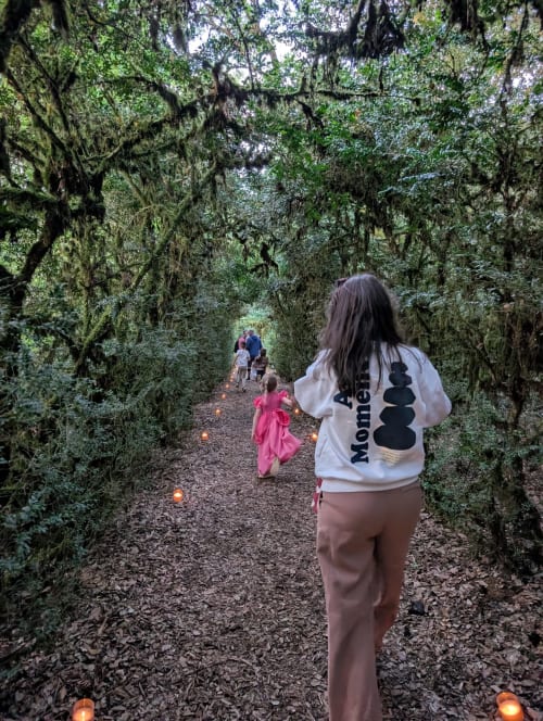 Family walking through enchanted tree-lined path at Domaine De Campagnac, Carsac-Aillac, lit by lanterns