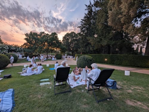 Guests enjoying an outdoor evening picnic at Domaine De Campagnac in Carsac-Aillac, with manicured gardens and sunset sky