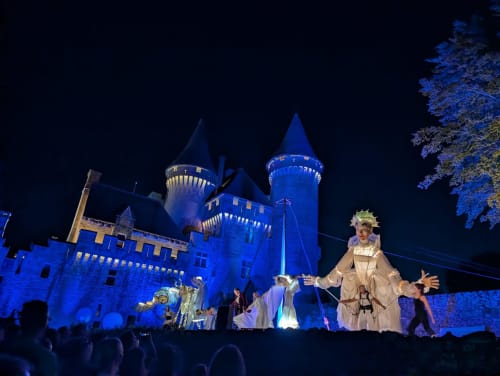 Neuschwanstein Castle illuminated at night with theatrical performance and audience at Domaine De Campagnac, Carsac-Aillac
