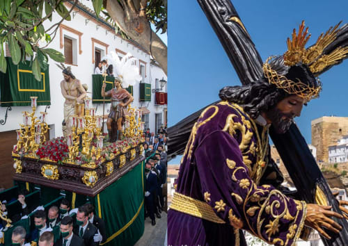 Carroza de procesión religiosa en Setenil de las Bodegas con ornamentación dorada y vestiduras púrpuras