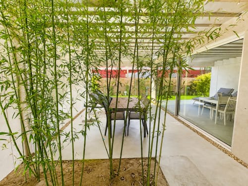 Terraza moderna con biombo de bambú en Holibai ModulSuites en Baiona, España, con zona de estar y jardín