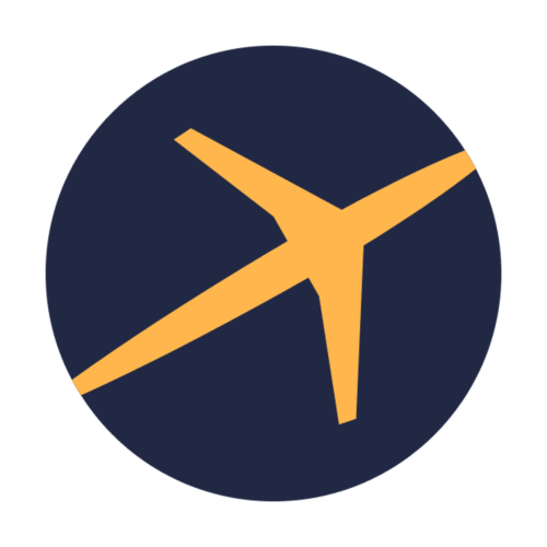 Icône d'avion jaune sur cercle bleu foncé, représentant les services de voyage et de vol au Domaine de Labrousse en Périgord
