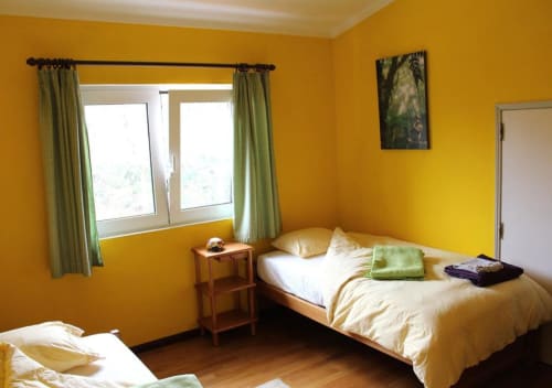 Bright yellow bedroom at Bom Caminha hostel in Caminha with two beds, green curtains, and wooden floor