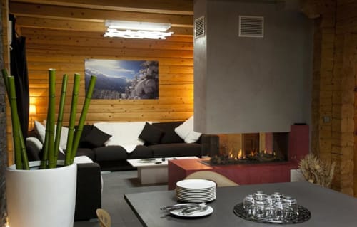 Intérieur moderne du chalet Les Chalets d'Aline à La Plagne avec murs en bois, cheminée, canapé noir et œuvres d'art montagnard