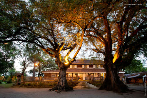Hôtel colonial historique aux arbres majestueusement illuminés au crépuscule à Fort-de-France, Martinique