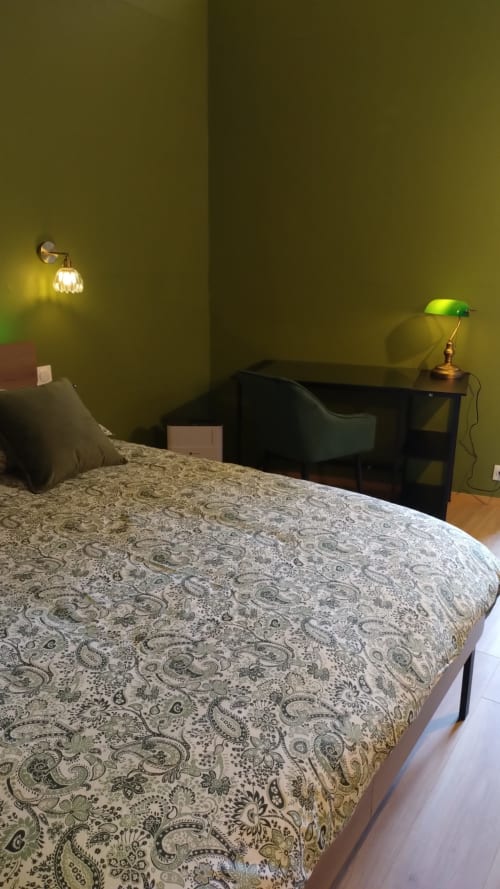 Chambre des Troglos de Beaulieu avec literie à motifs, bureau avec lampe banker verte et murs olive